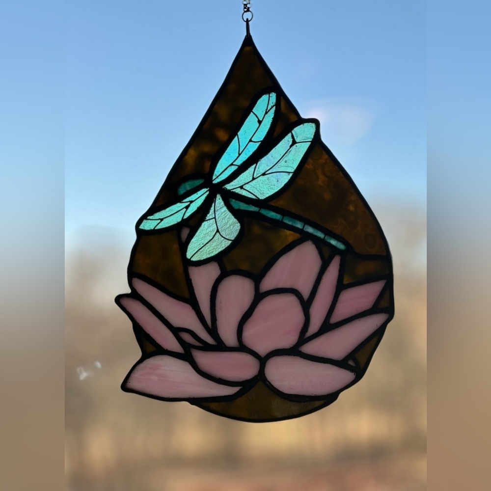 Handmade Stained Glass Hanging.  Dragonfly and Lotus Flower